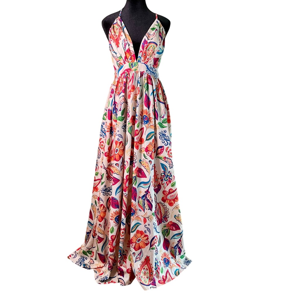 Boho Tropical Floral Paisley Maxi Dress 6 M Deep V-Neck Backless Resortwear NWOT